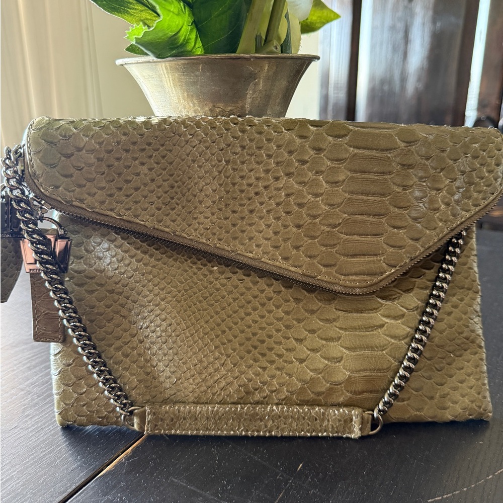 Rare Henri Bendel Olive Green Snakeskin Clutch Wristlet